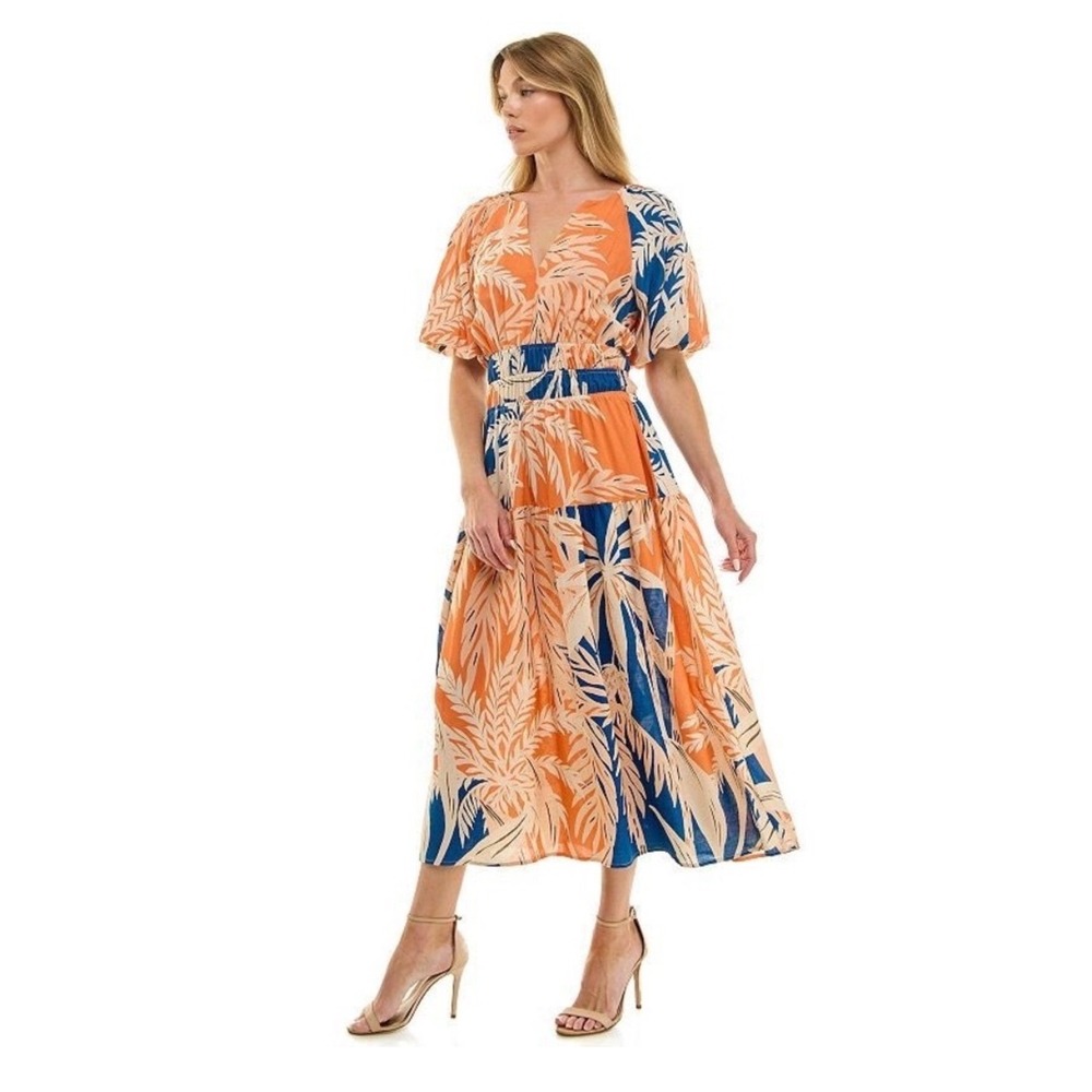 Fig & Flower Anthro Tropical‎ Midi Dress Sz M Orange Blue Palm Print Stretch NWT